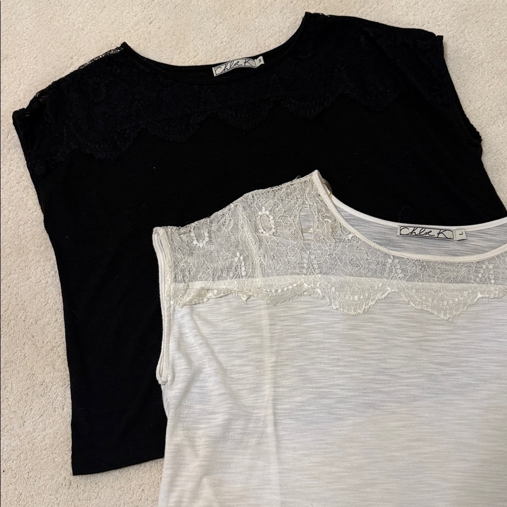 Chloe K bundle of two black and white lace boxy tshirts